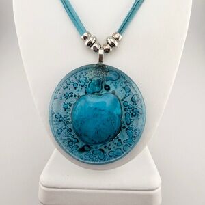 Extra Large Blue Blown Glass Pendant on Blue Leather Chain Statement Necklace